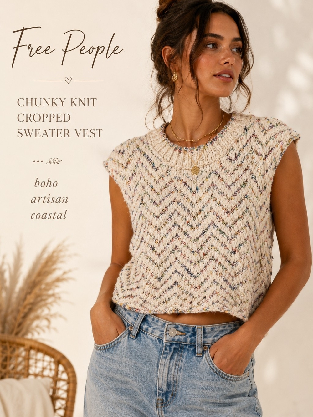 Free People Lucy Cropped Knit Sweater Vest  Vanilla Combo Chevron Zigzag  SZ XS